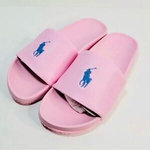 Pink Slide Sandals with Blue Logo